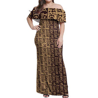 Tribe Script Off Shoulder Maxi Dress with Bold Mudcloth Symbols and Brown Tan Split Design - Wonder Print Shop