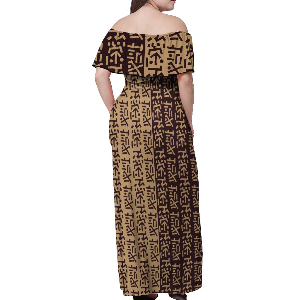 Tribe Script Off Shoulder Maxi Dress with Bold Mudcloth Symbols and Brown Tan Split Design - Wonder Print Shop