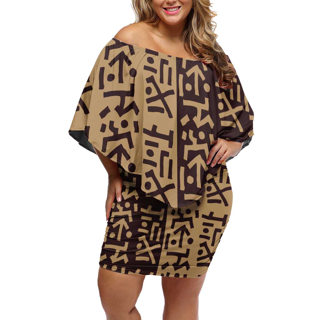 Tribe Script Off Shoulder Short Dress with Bold Mudcloth Symbols and Brown Tan Split Design - Wonder Print Shop