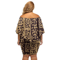 Tribe Script Off Shoulder Short Dress with Bold Mudcloth Symbols and Brown Tan Split Design - Wonder Print Shop