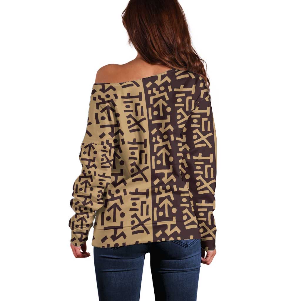 Tribe Script Off Shoulder Sweater with Bold Mudcloth Symbols and Brown Tan Split Design - Wonder Print Shop