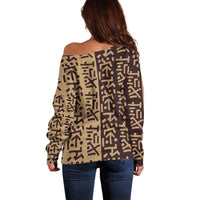 Tribe Script Off Shoulder Sweater with Bold Mudcloth Symbols and Brown Tan Split Design - Wonder Print Shop