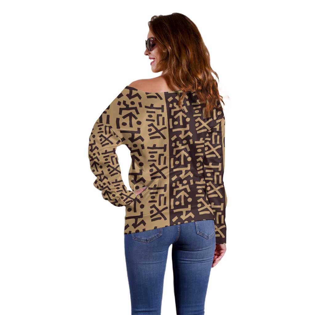 Tribe Script Off Shoulder Sweater with Bold Mudcloth Symbols and Brown Tan Split Design - Wonder Print Shop