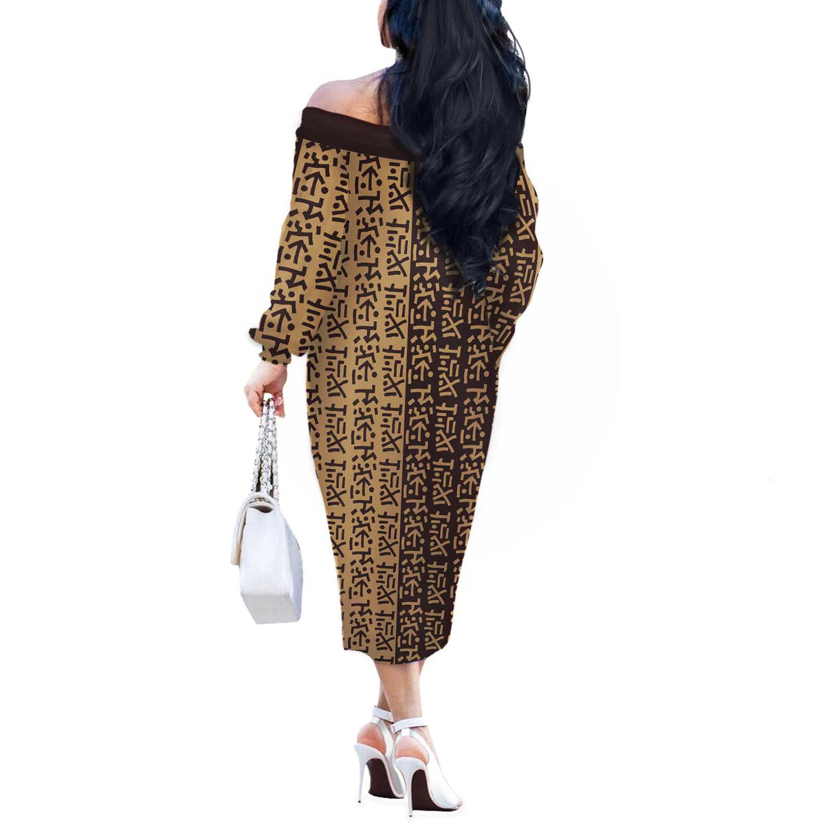 Tribe Script Off The Shoulder Long Sleeve Dress with Bold Mudcloth Symbols and Brown Tan Split Design - Wonder Print Shop