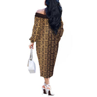 Tribe Script Off The Shoulder Long Sleeve Dress with Bold Mudcloth Symbols and Brown Tan Split Design - Wonder Print Shop