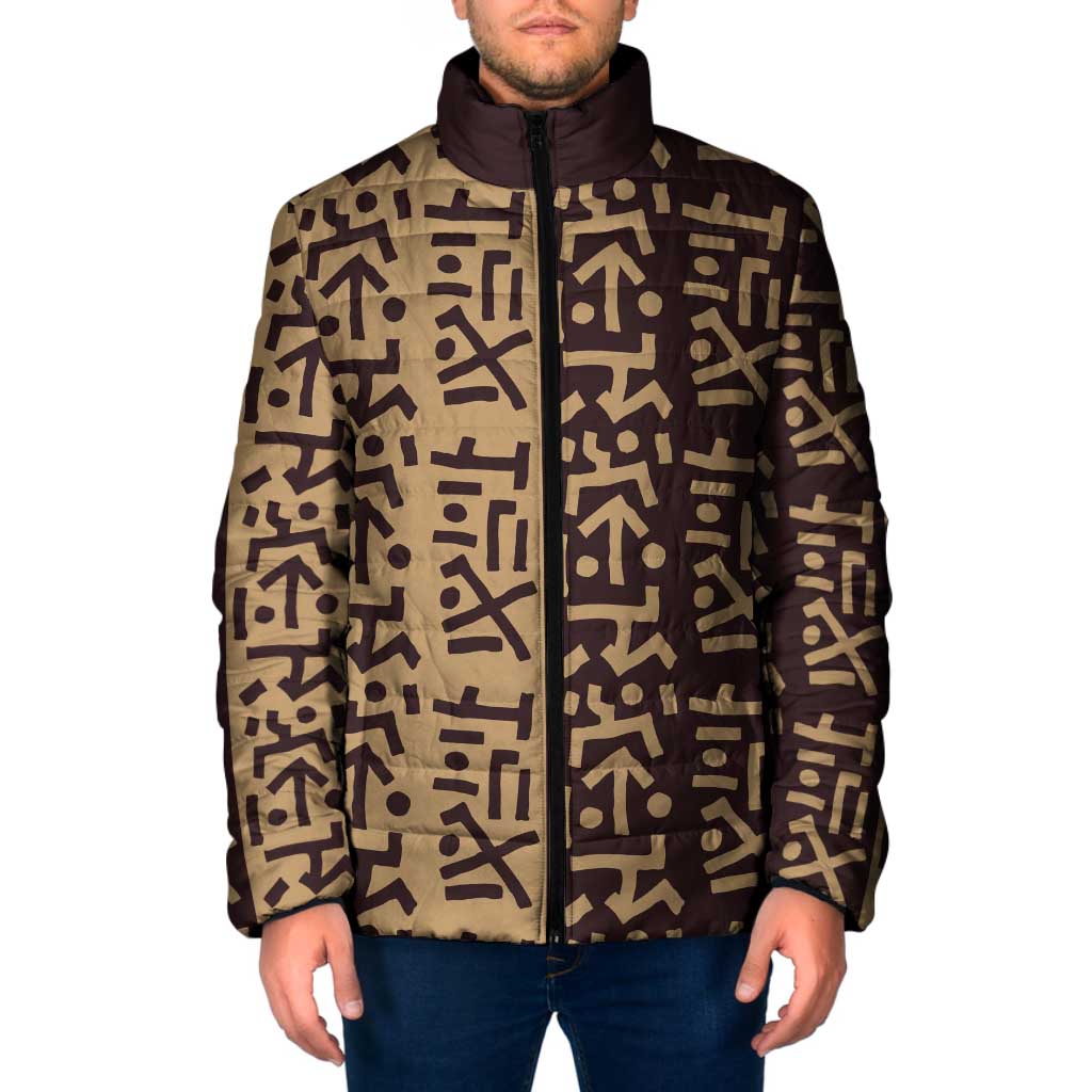 Tribe Script Padded Jacket with Bold Mudcloth Symbols and Brown Tan Split Design - Wonder Print Shop
