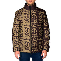 Tribe Script Padded Jacket with Bold Mudcloth Symbols and Brown Tan Split Design - Wonder Print Shop