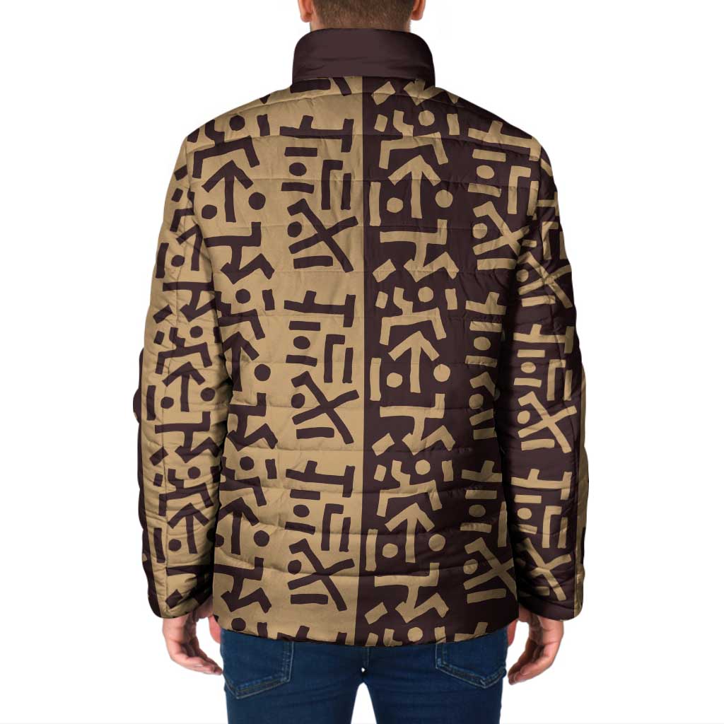 Tribe Script Padded Jacket with Bold Mudcloth Symbols and Brown Tan Split Design - Wonder Print Shop