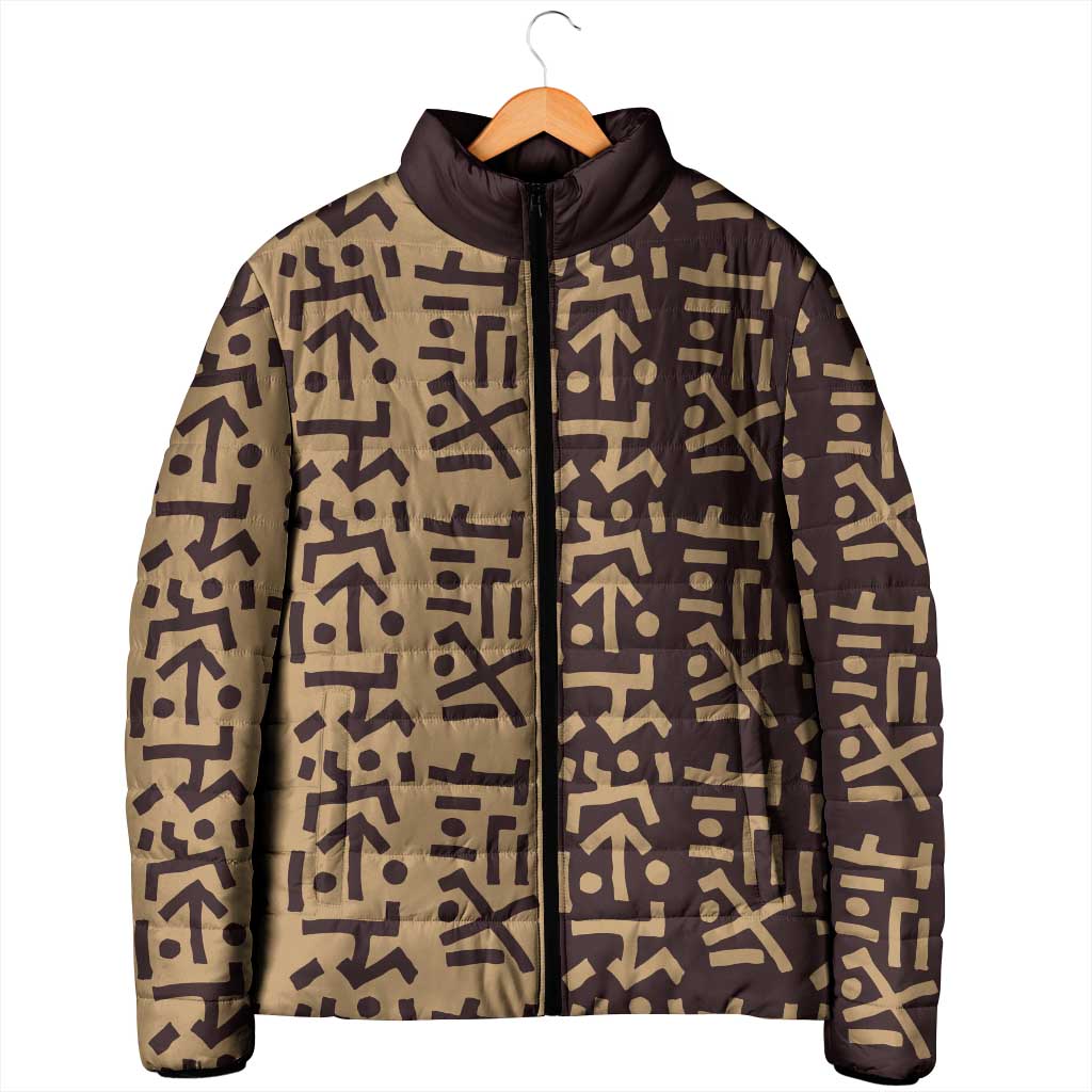 Tribe Script Padded Jacket with Bold Mudcloth Symbols and Brown Tan Split Design - Wonder Print Shop