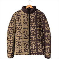 Tribe Script Padded Jacket with Bold Mudcloth Symbols and Brown Tan Split Design - Wonder Print Shop
