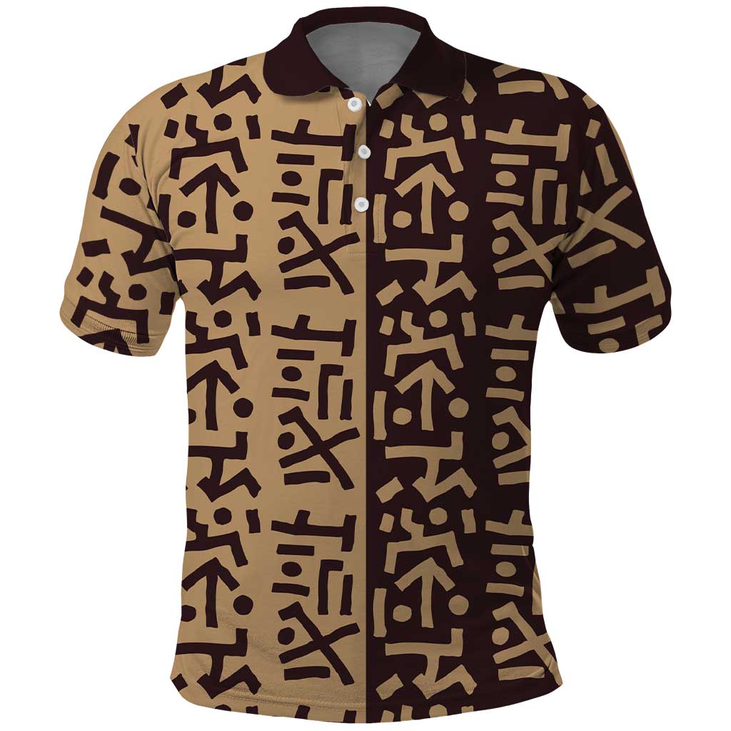 Tribe Script Polo Shirt with Bold Mudcloth Symbols and Brown Tan Split Design - Wonder Print Shop