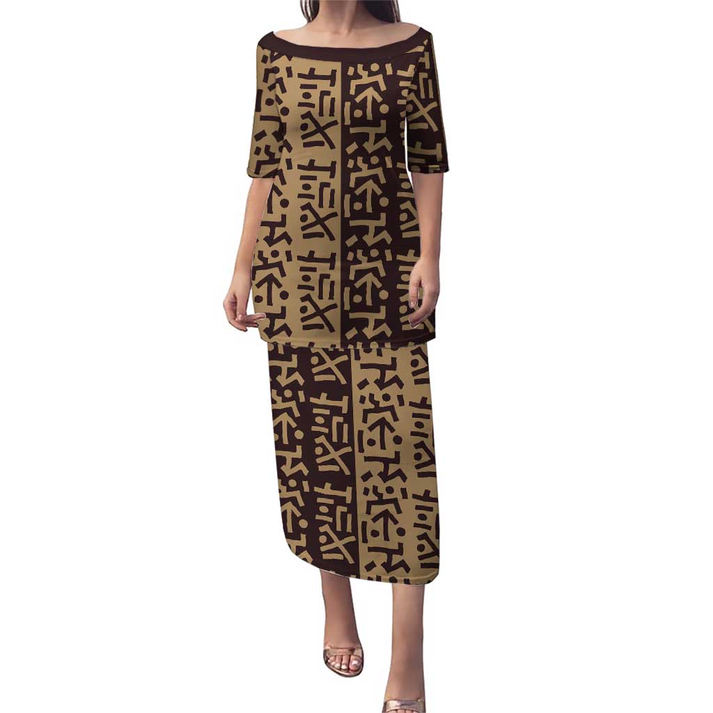 Tribe Script Puletasi with Bold Mudcloth Symbols and Brown Tan Split Design - Wonder Print Shop