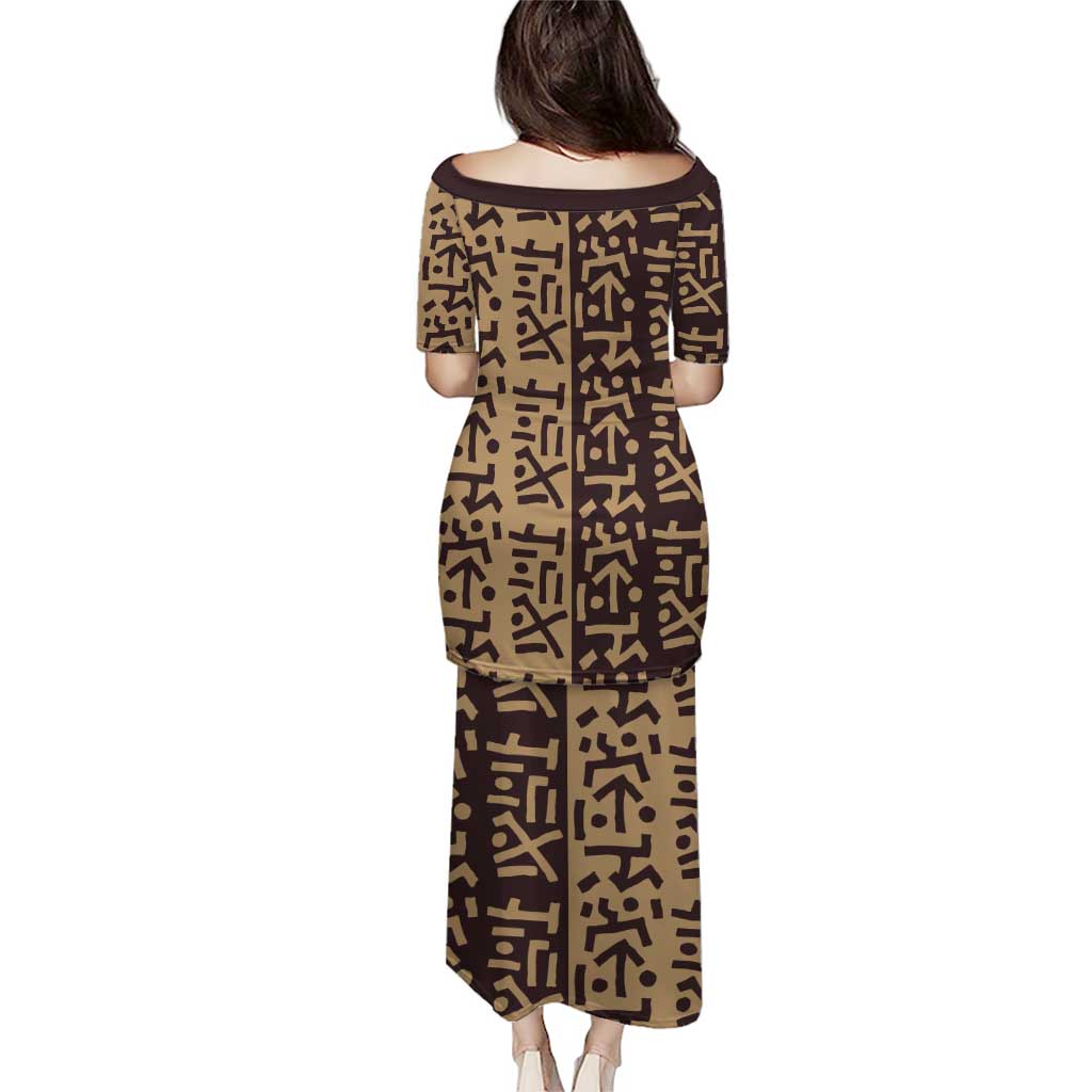 Tribe Script Puletasi with Bold Mudcloth Symbols and Brown Tan Split Design - Wonder Print Shop