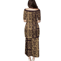 Tribe Script Puletasi with Bold Mudcloth Symbols and Brown Tan Split Design - Wonder Print Shop