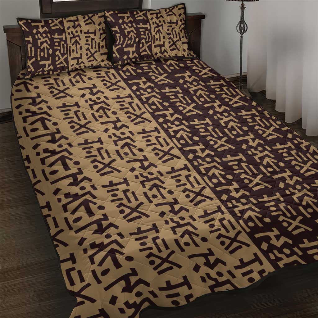 Tribe Script Quilt Bed Set with Bold Mudcloth Symbols and Brown Tan Split Design - Wonder Print Shop