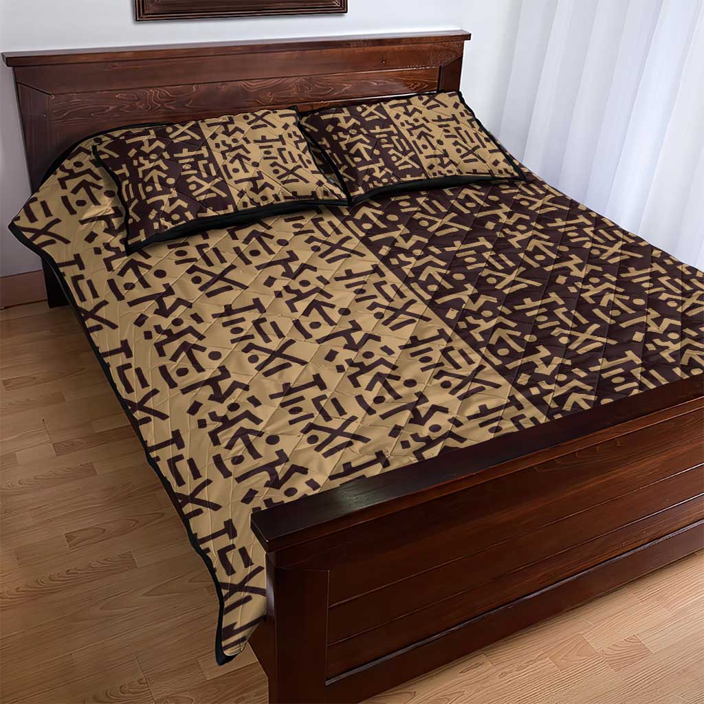 Tribe Script Quilt Bed Set with Bold Mudcloth Symbols and Brown Tan Split Design - Wonder Print Shop