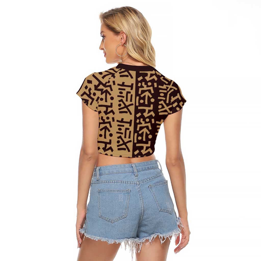 Tribe Script Raglan Cropped T Shirt with Bold Mudcloth Symbols and Brown Tan Split Design - Wonder Print Shop
