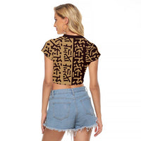 Tribe Script Raglan Cropped T Shirt with Bold Mudcloth Symbols and Brown Tan Split Design - Wonder Print Shop