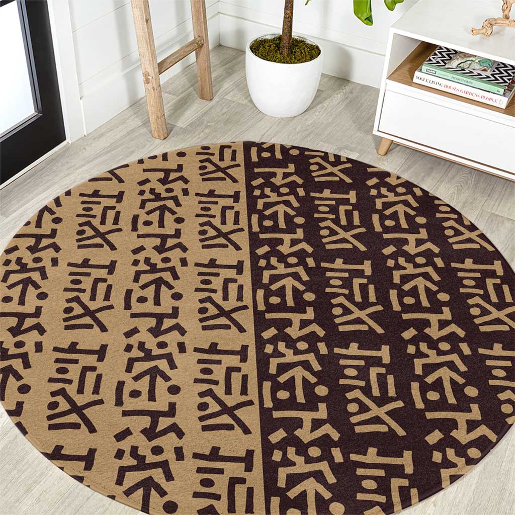 Tribe Script Round Carpet with Bold Mudcloth Symbols and Brown Tan Split Design - Wonder Print Shop