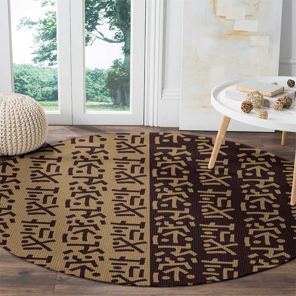 Tribe Script Round Carpet with Bold Mudcloth Symbols and Brown Tan Split Design - Wonder Print Shop