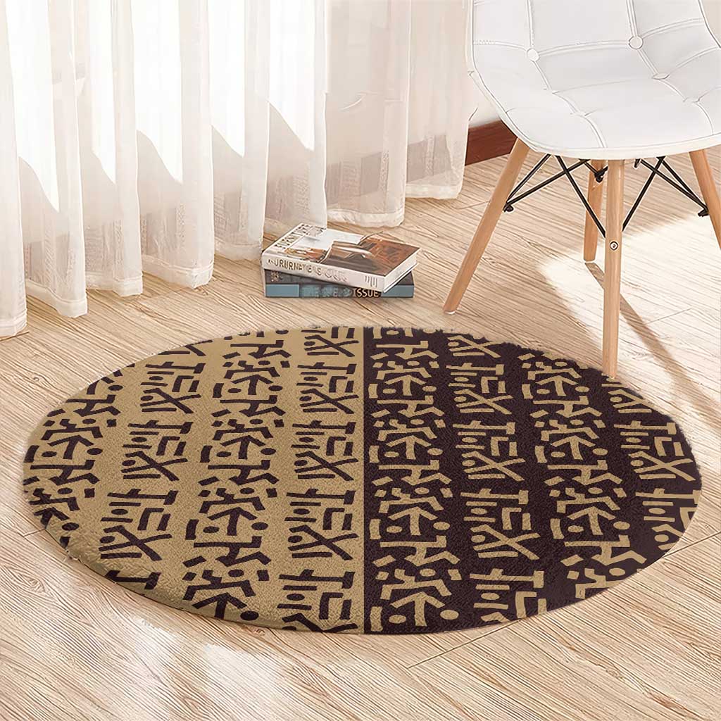 Tribe Script Round Carpet with Bold Mudcloth Symbols and Brown Tan Split Design - Wonder Print Shop
