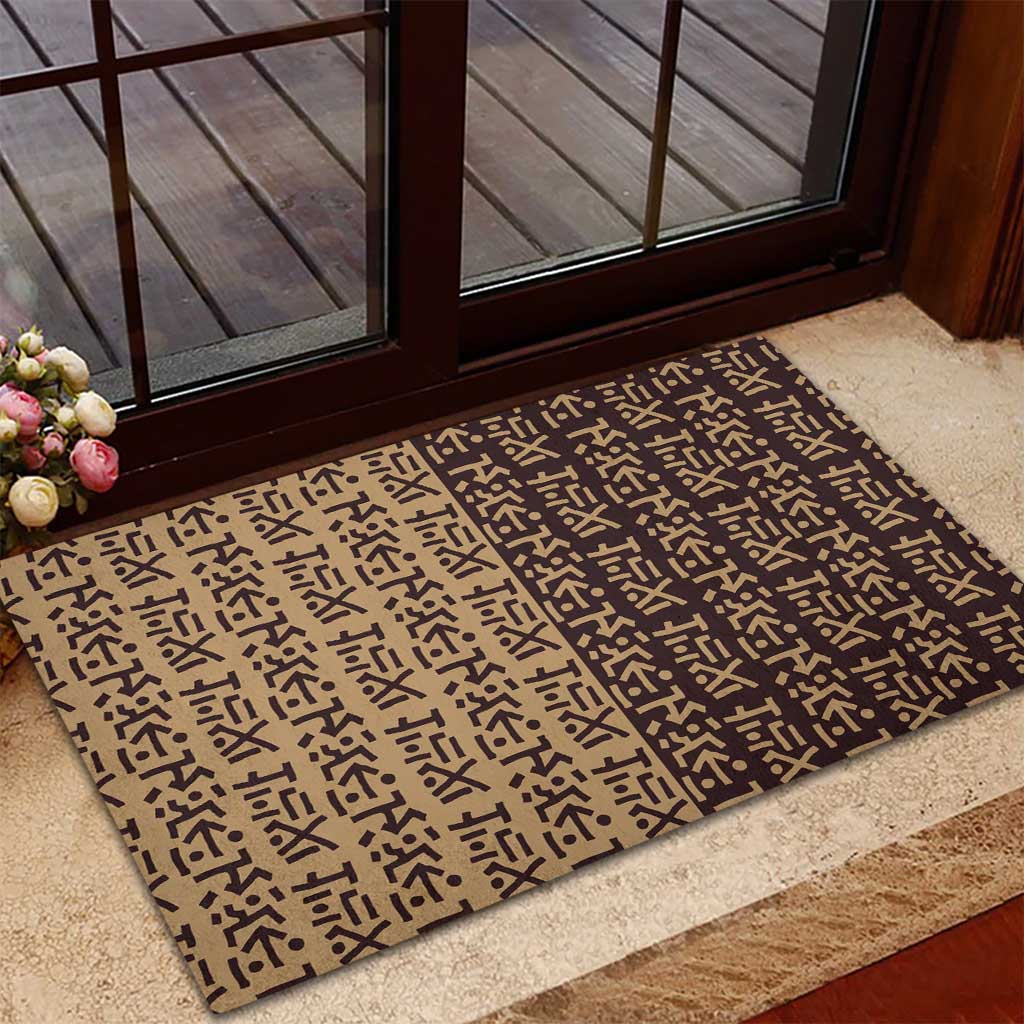 Tribe Script Rubber Doormat with Bold Mudcloth Symbols and Brown Tan Split Design - Wonder Print Shop