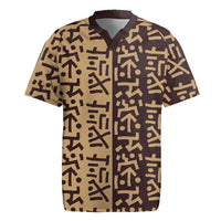 Tribe Script Rugby Jersey with Bold Mudcloth Symbols and Brown Tan Split Design - Wonder Print Shop
