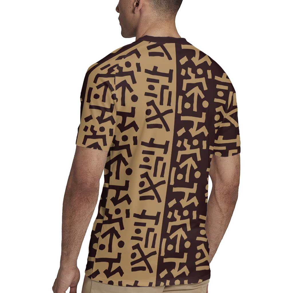 Tribe Script Rugby Jersey with Bold Mudcloth Symbols and Brown Tan Split Design - Wonder Print Shop
