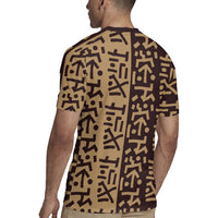 Tribe Script Rugby Jersey with Bold Mudcloth Symbols and Brown Tan Split Design - Wonder Print Shop