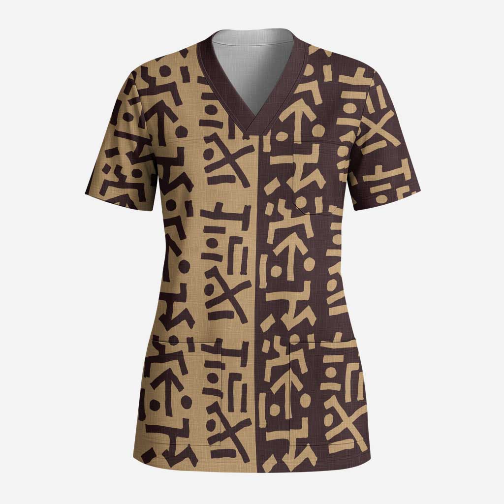 Tribe Script Scrub Top with Bold Mudcloth Symbols and Brown Tan Split Design - Wonder Print Shop