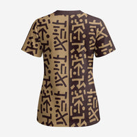 Tribe Script Scrub Top with Bold Mudcloth Symbols and Brown Tan Split Design - Wonder Print Shop