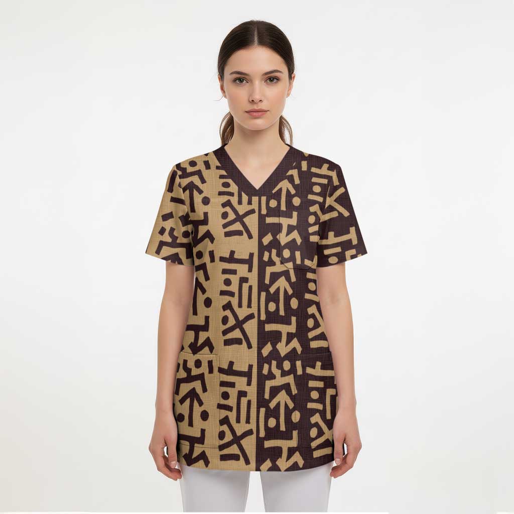 Tribe Script Scrub Top with Bold Mudcloth Symbols and Brown Tan Split Design - Wonder Print Shop