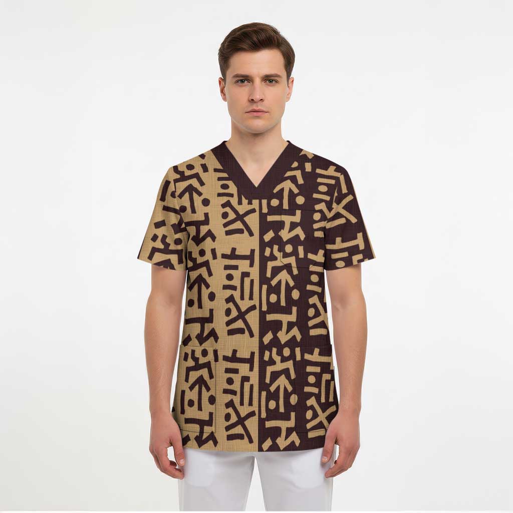 Tribe Script Scrub Top with Bold Mudcloth Symbols and Brown Tan Split Design - Wonder Print Shop