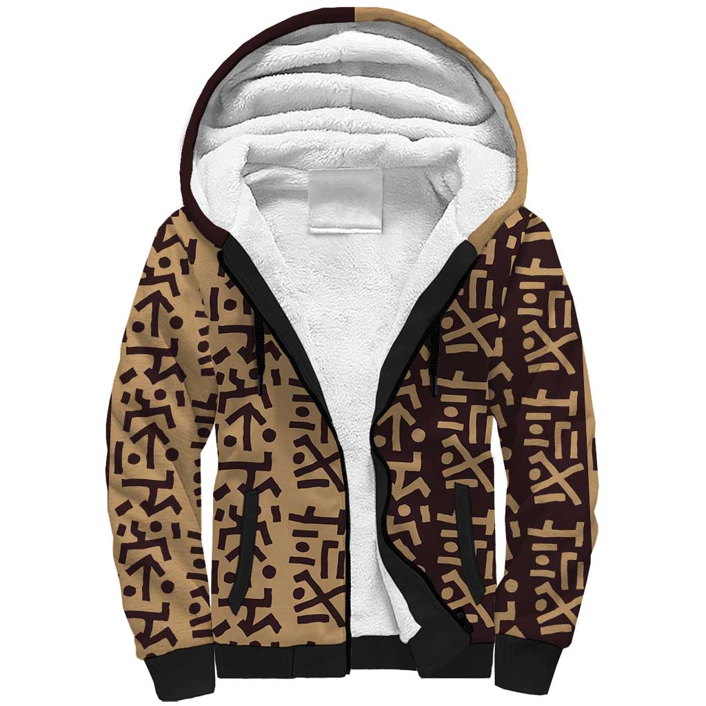 Tribe Script Sherpa Hoodie with Bold Mudcloth Symbols and Brown Tan Split Design - Wonder Print Shop