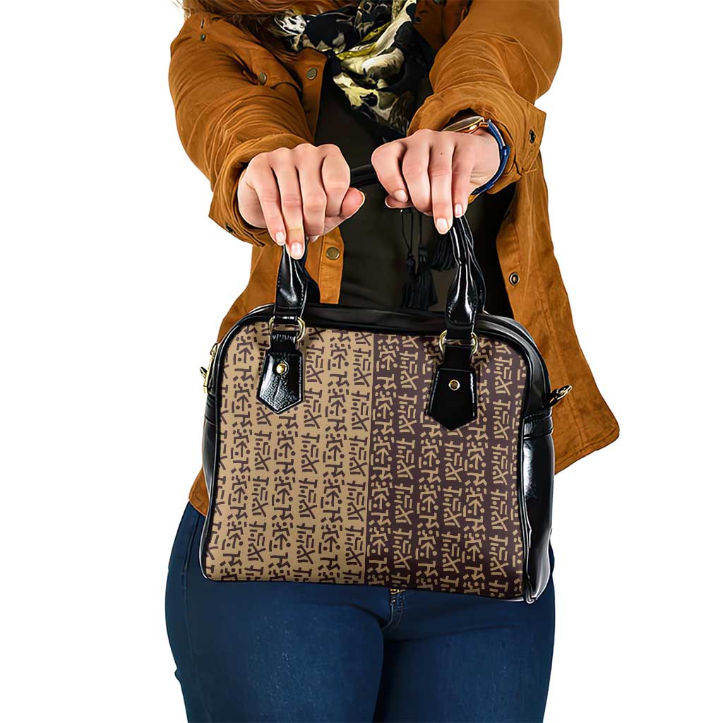 Tribe Script Shoulder Handbag with Bold Mudcloth Symbols and Brown Tan Split Design - Wonder Print Shop
