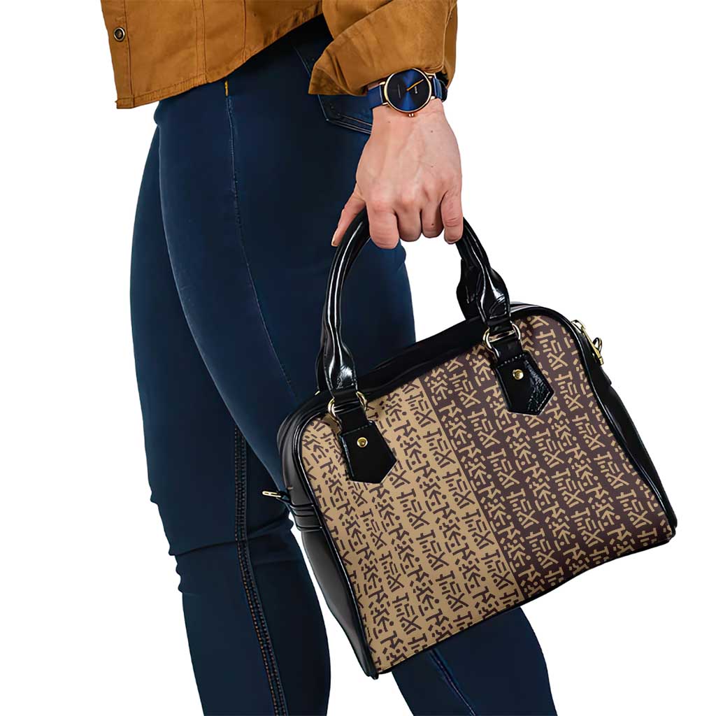 Tribe Script Shoulder Handbag with Bold Mudcloth Symbols and Brown Tan Split Design - Wonder Print Shop