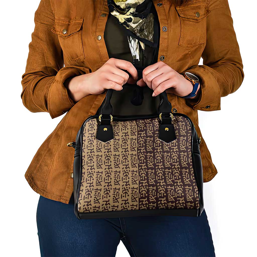 Tribe Script Shoulder Handbag with Bold Mudcloth Symbols and Brown Tan Split Design - Wonder Print Shop