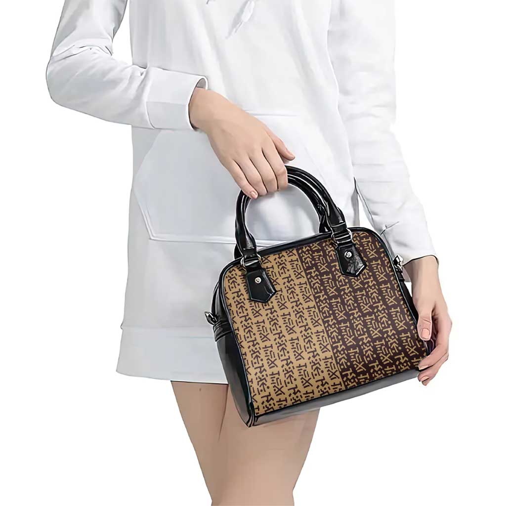 Tribe Script Shoulder Handbag with Bold Mudcloth Symbols and Brown Tan Split Design - Wonder Print Shop