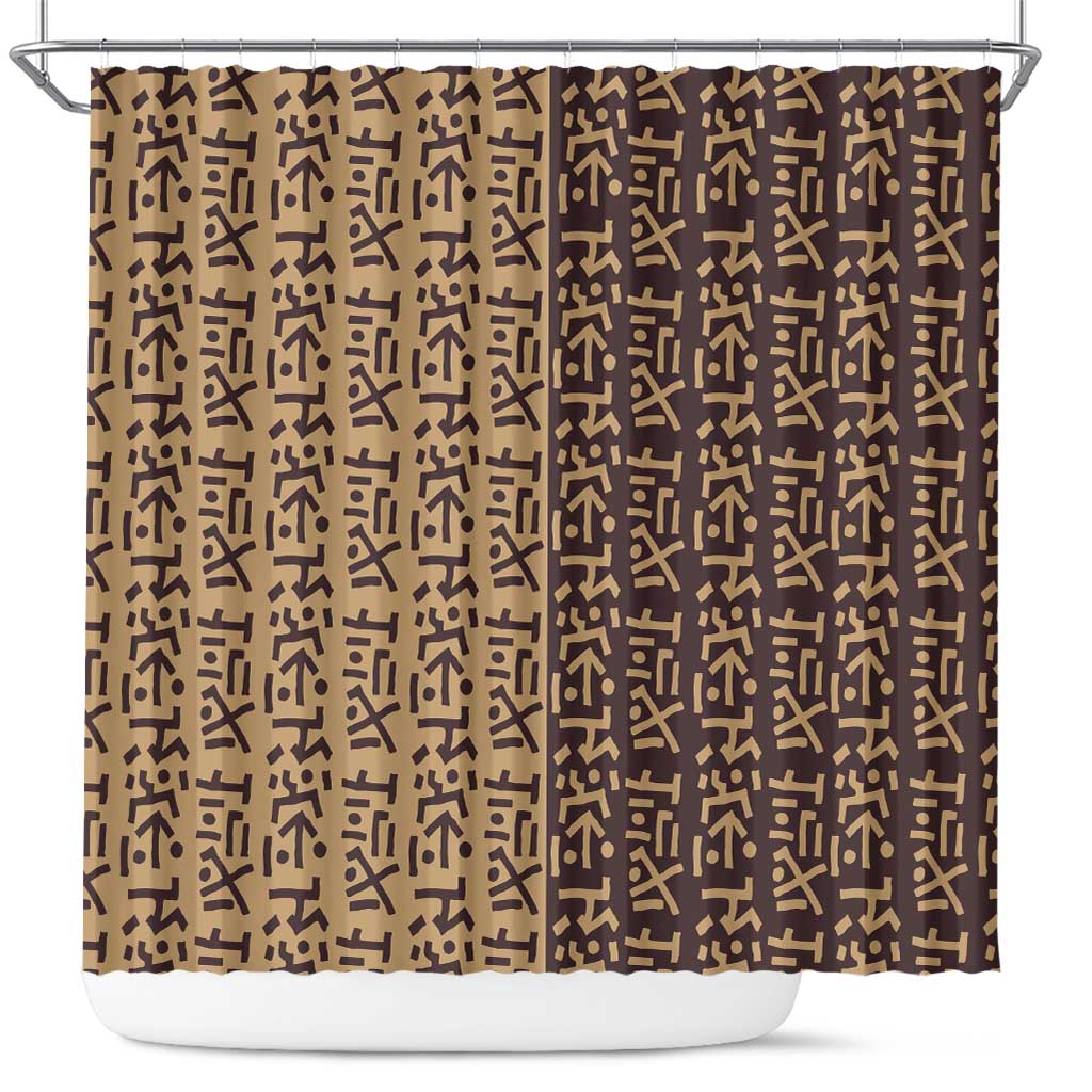 Tribe Script Shower Curtain with Bold Mudcloth Symbols and Brown Tan Split Design - Wonder Print Shop