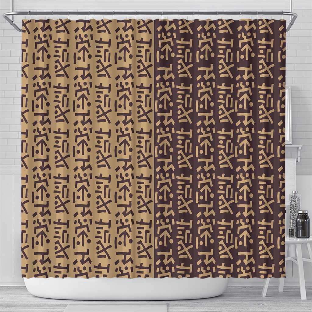 Tribe Script Shower Curtain with Bold Mudcloth Symbols and Brown Tan Split Design - Wonder Print Shop