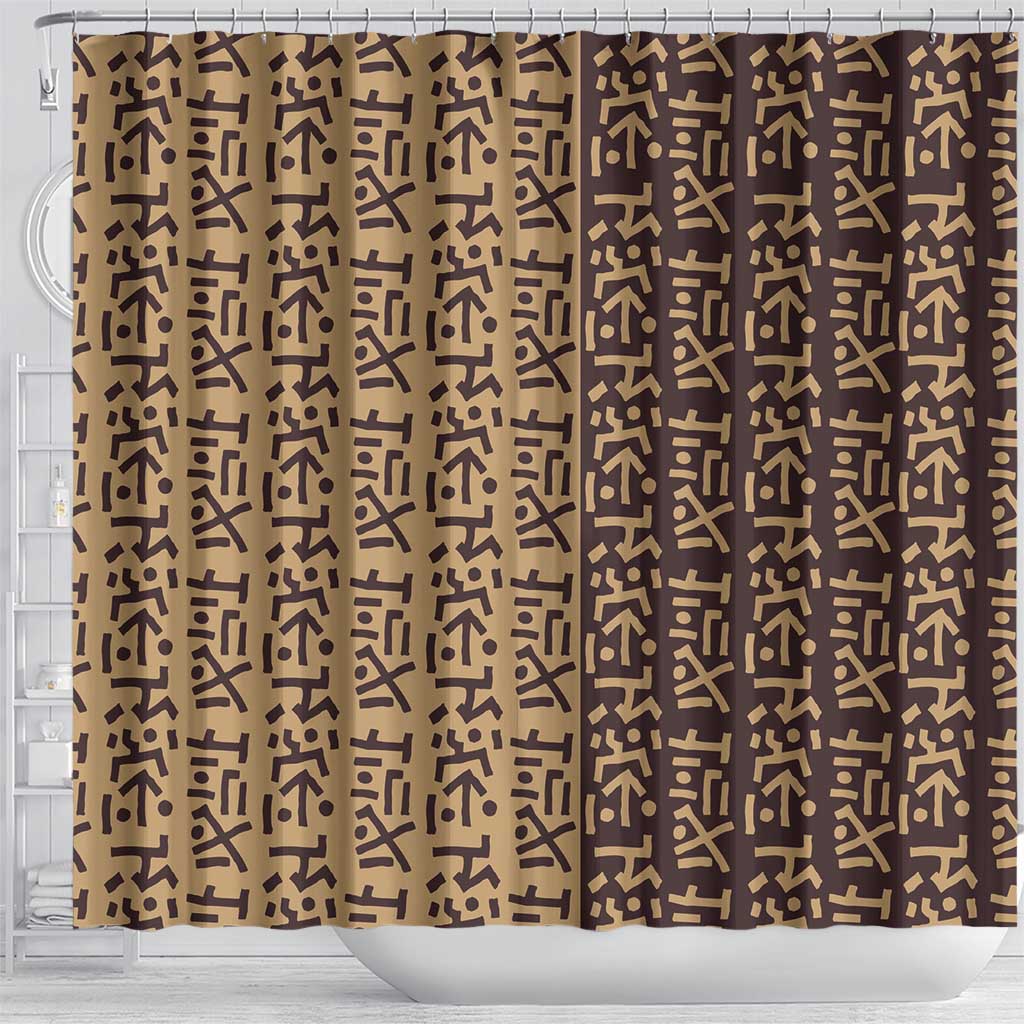 Tribe Script Shower Curtain with Bold Mudcloth Symbols and Brown Tan Split Design - Wonder Print Shop