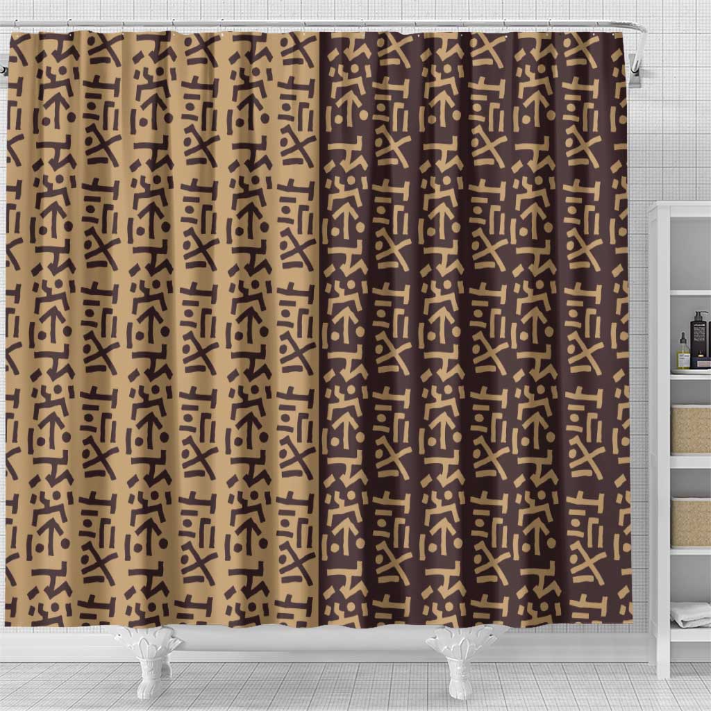 Tribe Script Shower Curtain with Bold Mudcloth Symbols and Brown Tan Split Design - Wonder Print Shop