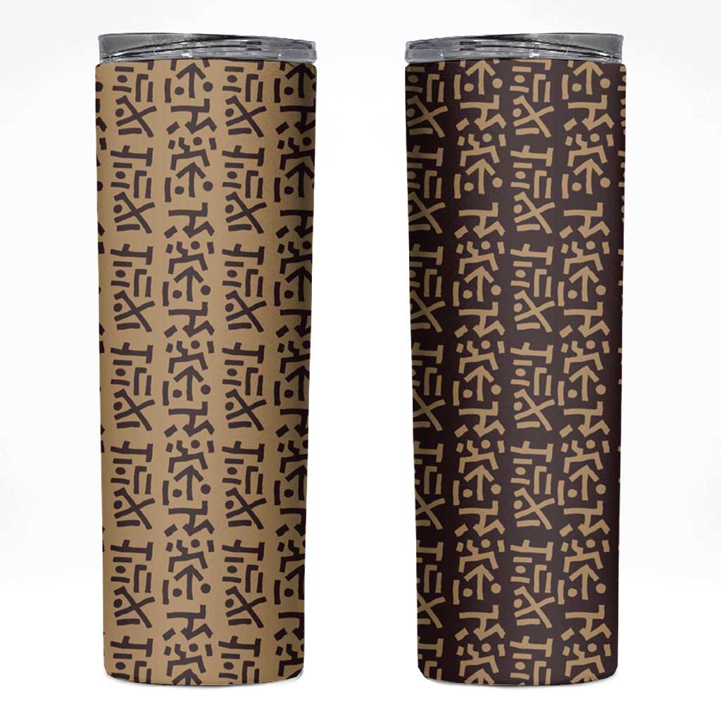 Tribe Script Skinny Tumbler with Bold Mudcloth Symbols and Brown Tan Split Design - Wonder Print Shop