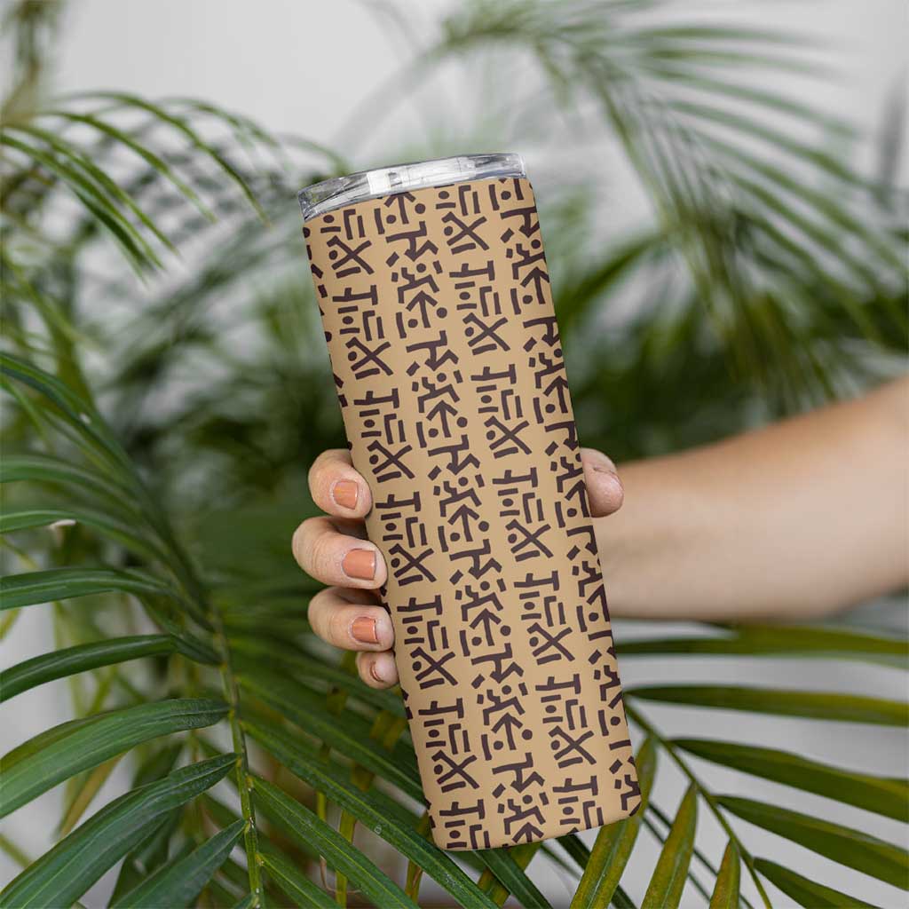 Tribe Script Skinny Tumbler with Bold Mudcloth Symbols and Brown Tan Split Design - Wonder Print Shop