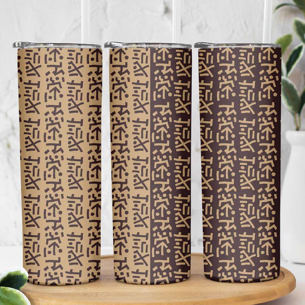 Tribe Script Skinny Tumbler with Bold Mudcloth Symbols and Brown Tan Split Design - Wonder Print Shop