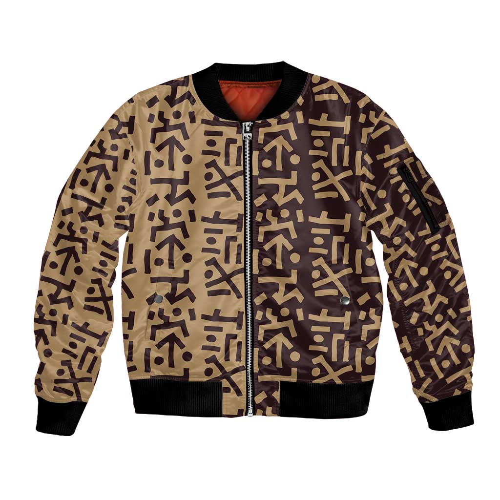 Tribe Script Sleeve Zip Bomber Jacket with Bold Mudcloth Symbols and Brown Tan Split Design - Wonder Print Shop