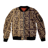Tribe Script Sleeve Zip Bomber Jacket with Bold Mudcloth Symbols and Brown Tan Split Design - Wonder Print Shop