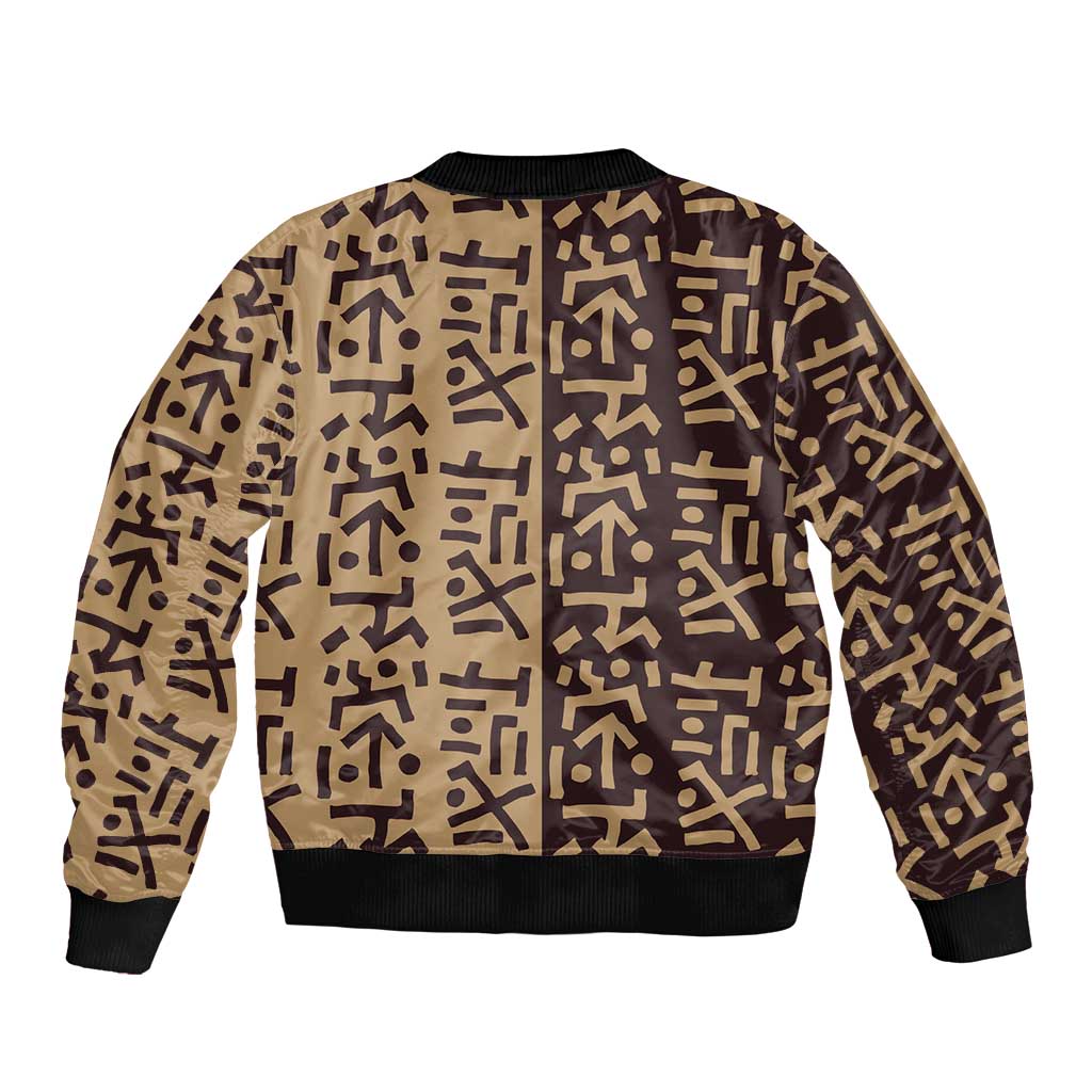 Tribe Script Sleeve Zip Bomber Jacket with Bold Mudcloth Symbols and Brown Tan Split Design - Wonder Print Shop
