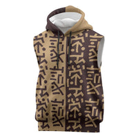 Tribe Script Sleeveless Hoodie with Bold Mudcloth Symbols and Brown Tan Split Design - Wonder Print Shop