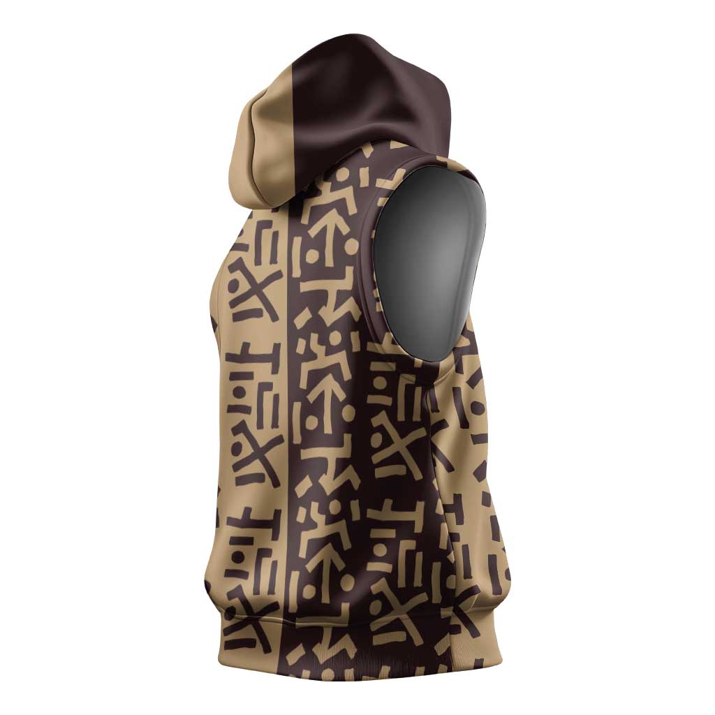 Tribe Script Sleeveless Hoodie with Bold Mudcloth Symbols and Brown Tan Split Design - Wonder Print Shop